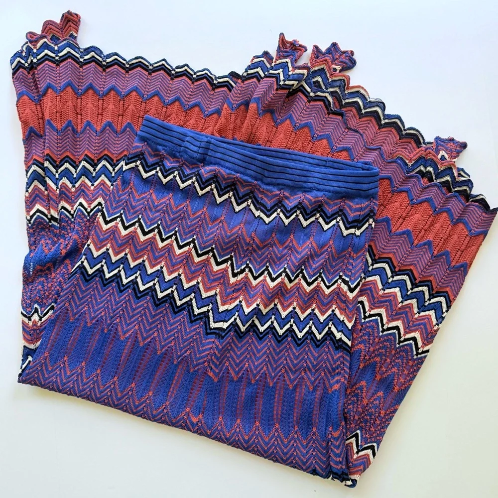Sandro Paris Pointelle Chevron Zig Zag Knit Midi Skirt in Blue & Rust 2 US 6 - Picture 7 of 14